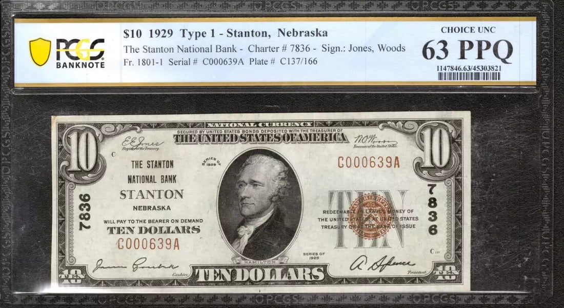 1929 $10 STANTON NATIONAL BANKNOTE CURRENCY NEBRASKA PCGS B CHOICE UNC CU 63 PPQ (1 of 2)