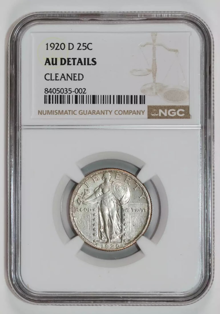 1920-D STANDING LIBERTY QUARTER NGC AU DETAILS: 1920-D STANDING LIBERTY QUARTER NGC AU DETAILS A rare and highly sought-after 1920-D Standing Liberty Quarter, certified by the Numismatic Guaranty Corporation (NGC) as AU Details, boasts stunning sil
