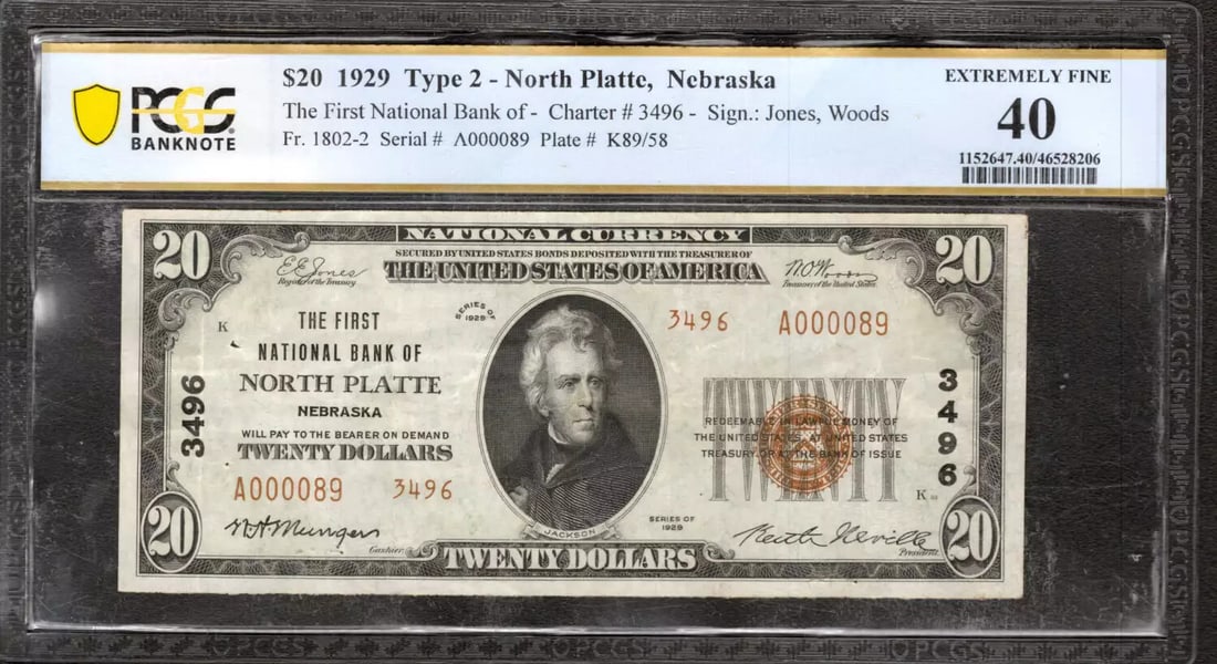 1929 $20 FIRST NATIONAL BANKNOTE CURRENCY NORTH PLATTE NEBRASKA PCGS B XF EF 40 (1 of 2)