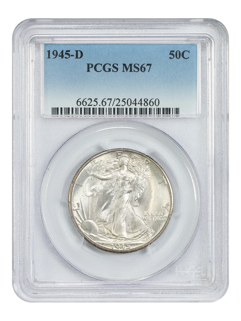 1945-D 50C PCGS MS67 - Walking Liberty Half Dollar: 1945-D 50C PCGS MS67 - Walking Liberty Half Dollar Rarity and beauty come together in this stunning 1945-D Walking Liberty Half Dollar, graded MS67 by the PCGS. As one of the last coins minted during