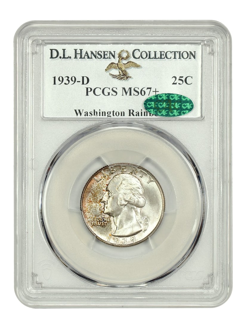 1939-D 25C PCGS/ CAC MS67+ ex: D.L. Hansen - Washington Quarter: 1939-D 25C PCGS/ CAC MS67+ ex: D.L. Hansen - Washington Quarter A rare gem from the Denver Mint, this 1939-D Washington Quarter boasts an exceptional MS67+ grade, certified by PCGS and CAC, with a ric