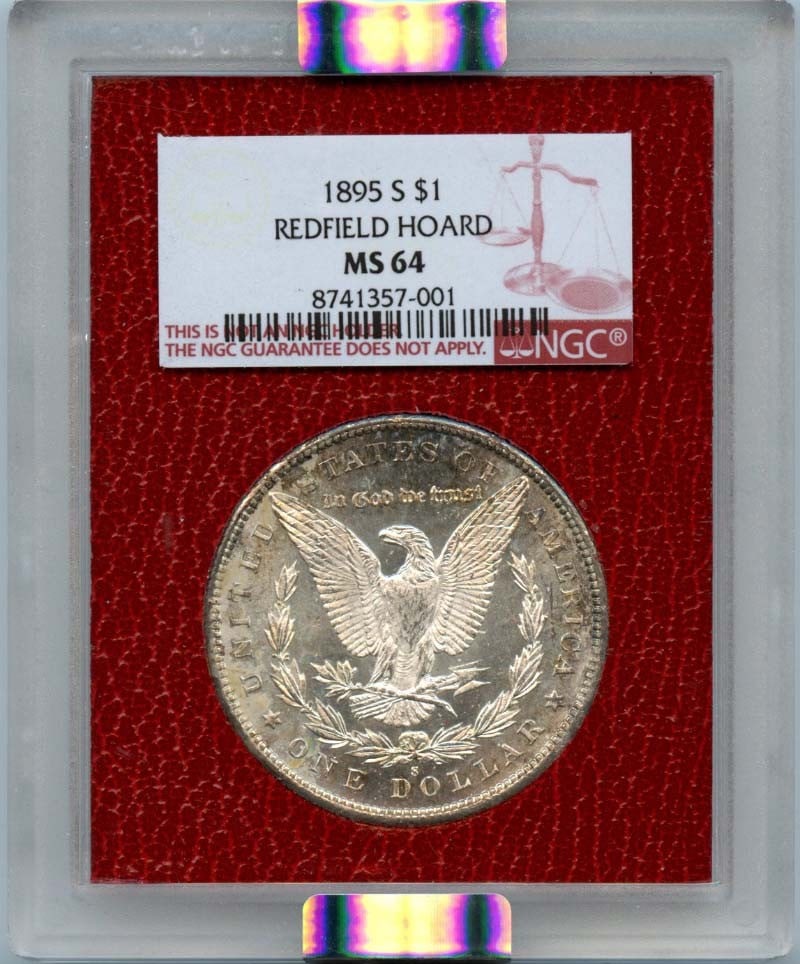 $1 Redfield Hoard 1895-S Morgan Dollar: $1 Redfield Hoard 1895-S Morgan Dollar Experience the rich history of the American West with this stunning 1895-S Morgan Dollar, certified by NGC and graded MS64. Struck in San Francisco, this uncircu