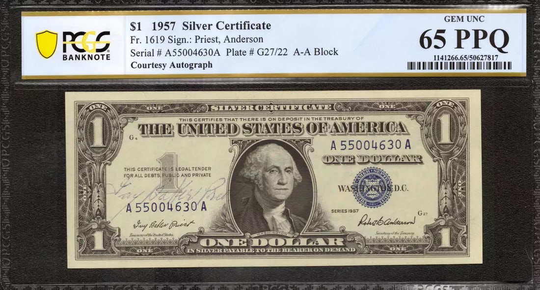 1957 $1 SILVER CERTIFICATE FR.1619 AA BLOCK PCGS UNC 65 COURTESY AUTOGRAPH (630A (1 of 2)