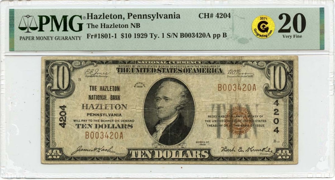 1929 Ty1$10 Hazelton National Bank PA CH#4204 PMG VF20 GCC Gold (1 of 1)