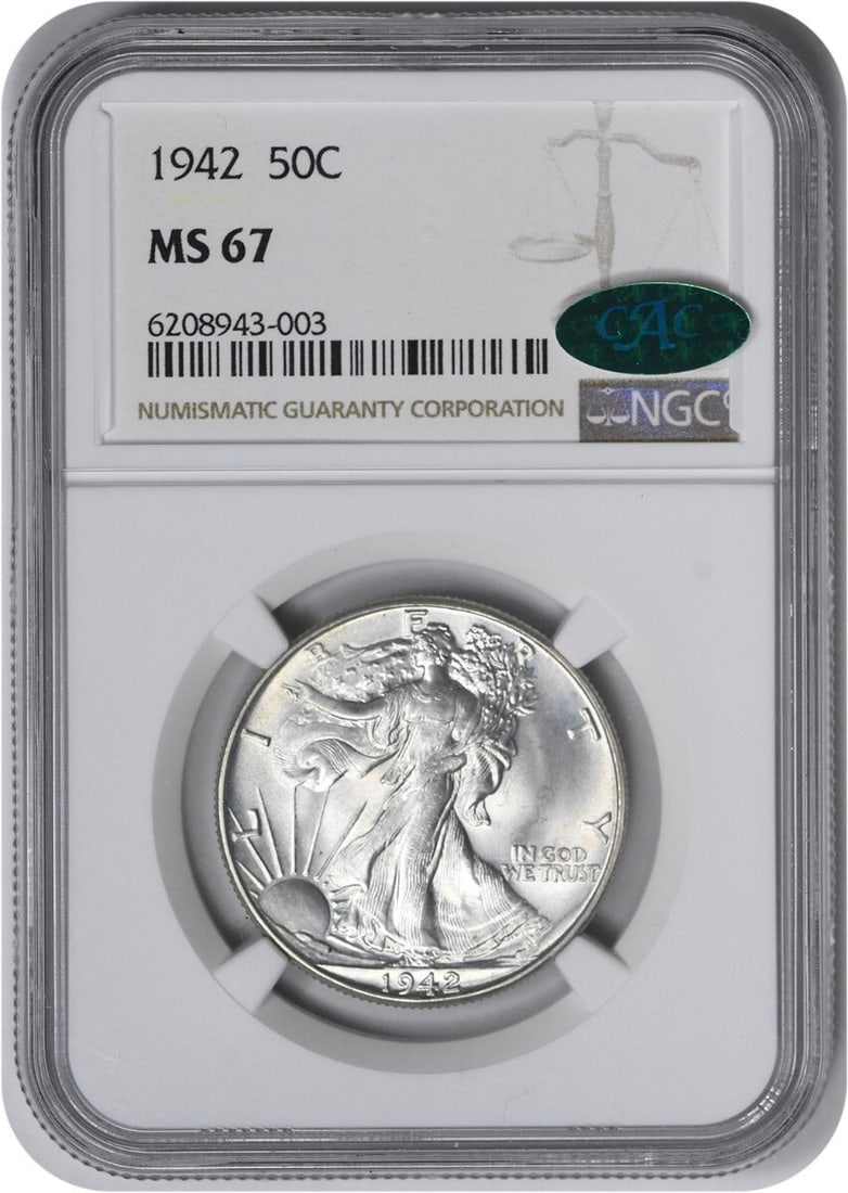 Walking Liberty Silver Half Dollar MS67 1942: Walking Liberty Silver Half Dollar MS67 1942 Experience the iconic design of the Walking Liberty Silver Half Dollar, minted in 1942 and graded MS67 by the NGC. This uncirculated coin boasts pristine c