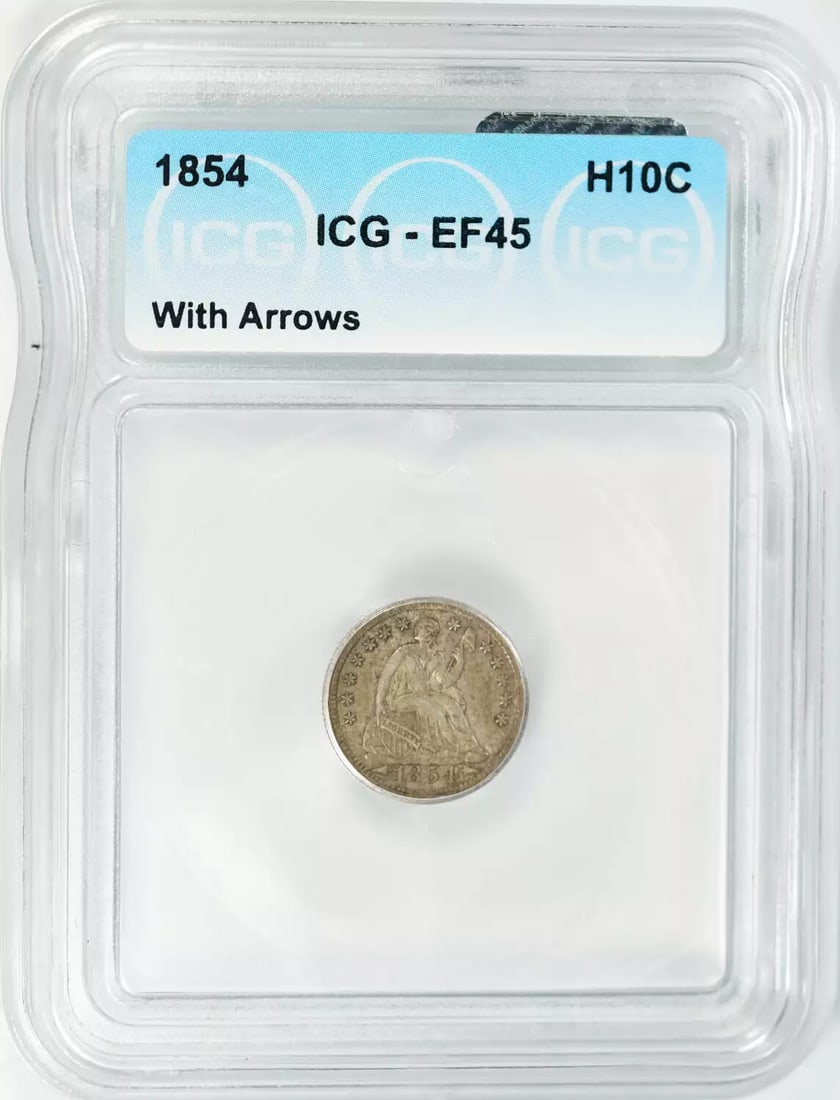 1854 SEATED LIBERTY HALF DIME H10C W/ ARROWS ICG CERTIFIED EF 45 EXTRA FINE (501 (1 of 4)