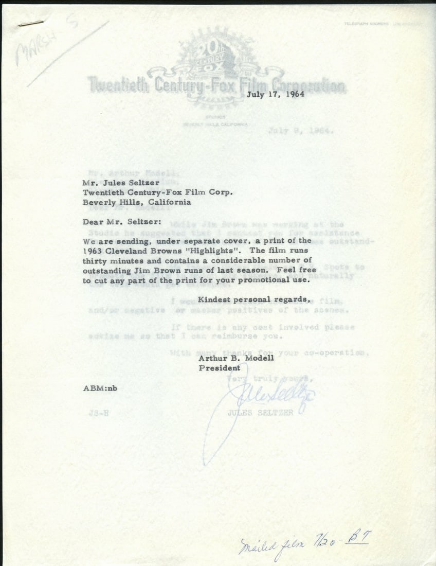 July 1964 letters(2)to and from Art Modell to 20th Century Fox 144993 (1 of 2)