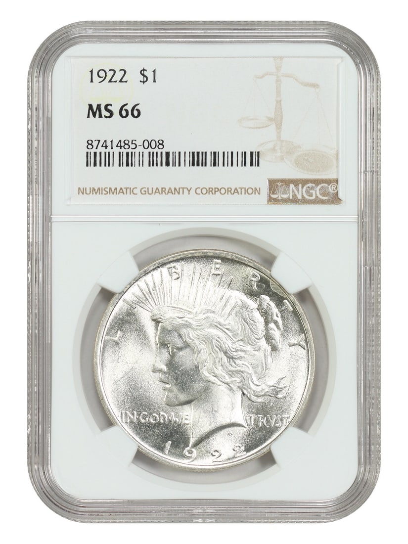 1922 $1 NGC MS66 - Peace Dollar: 1922 $1 NGC MS66 - Peace Dollar A rare and highly sought-after 1922 $1 Peace Dollar, certified MS66 by the Numismatic Guaranty Corporation (NGC), boasts exceptional condition with crisp details and a