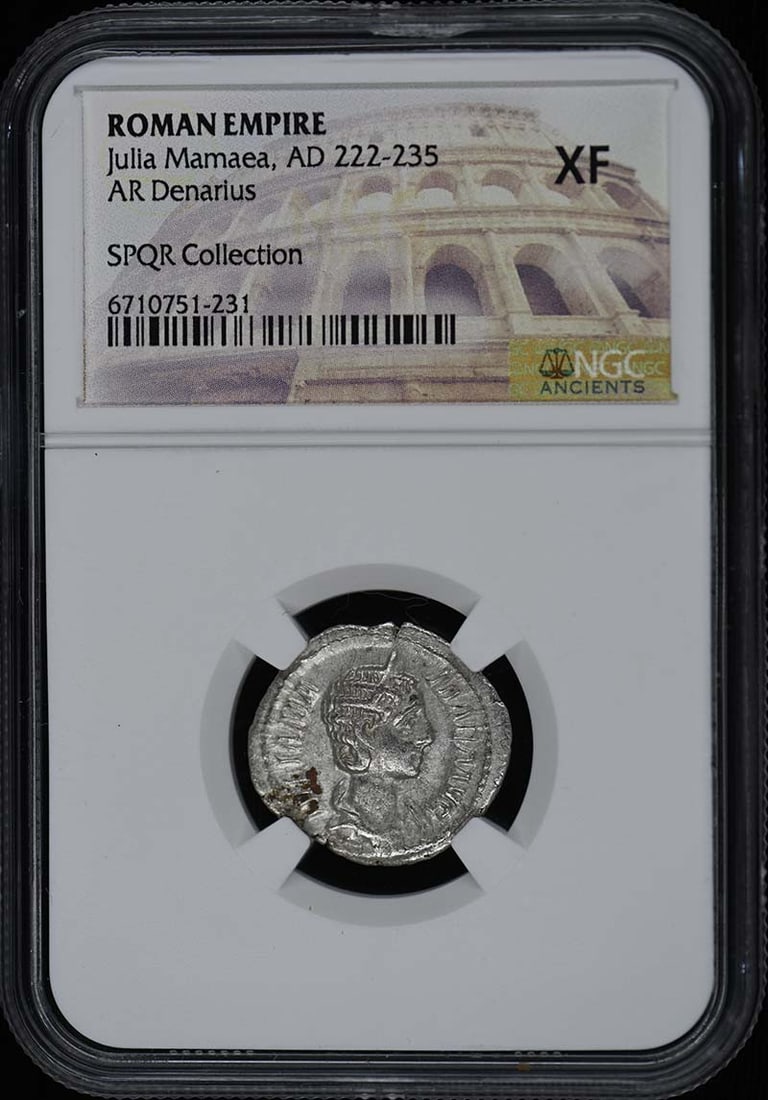 Julia Mamaea, AD 222-235 ROMAN EMPIRE AR Denarius NGC XF40: Julia Mamaea, AD 222-235 ROMAN EMPIRE AR Denarius NGC XF40 Experience the majesty of the Roman Empire with this stunning Julia Mamaea AD 222-235 AR Denarius, certified by NGC and graded XF40. This exc