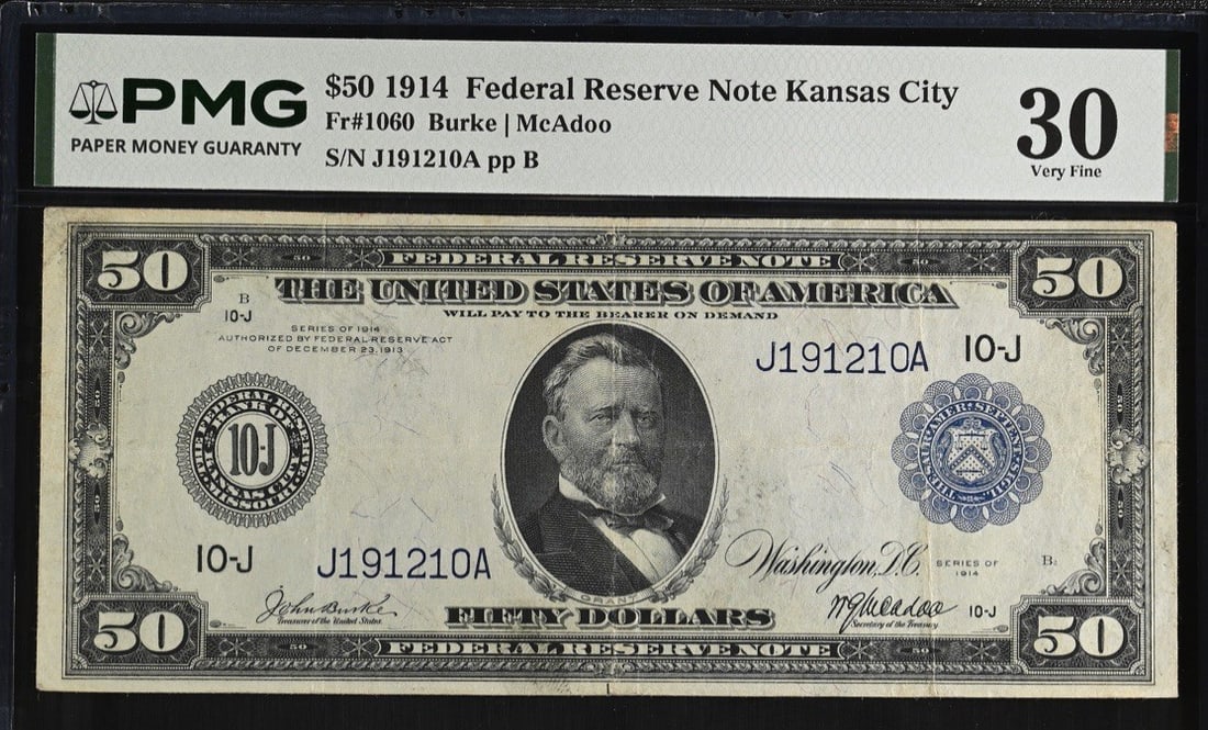 1914 $50 FEDERAL RESERVE NOTE KANSAS CITY BLUE SEAL FR. 1060 PMG VF 30 (1 of 2)