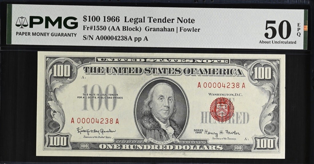 1966 $100 RED SEAL LEGAL TENDER FR. 1550 PMG AU 50 EPQ (1 of 2)
