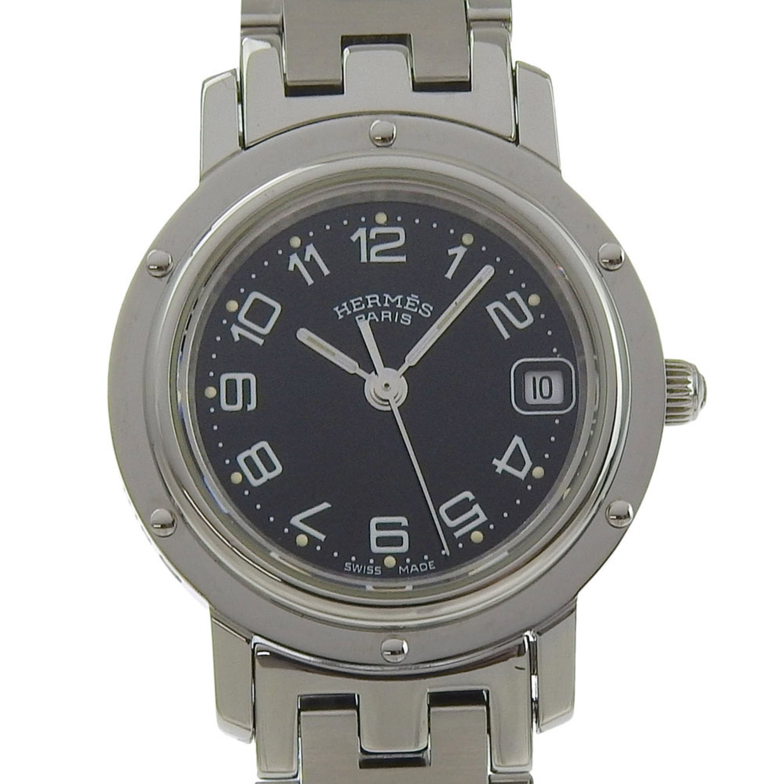 Hermes Wristwatch: Hermes Wristwatch A stunning Hermes wristwatch, crafted from durable stainless steel, boasts a sleek black dial and 24mm case diameter, perfect for adding a touch of elegance to any outfit. With its