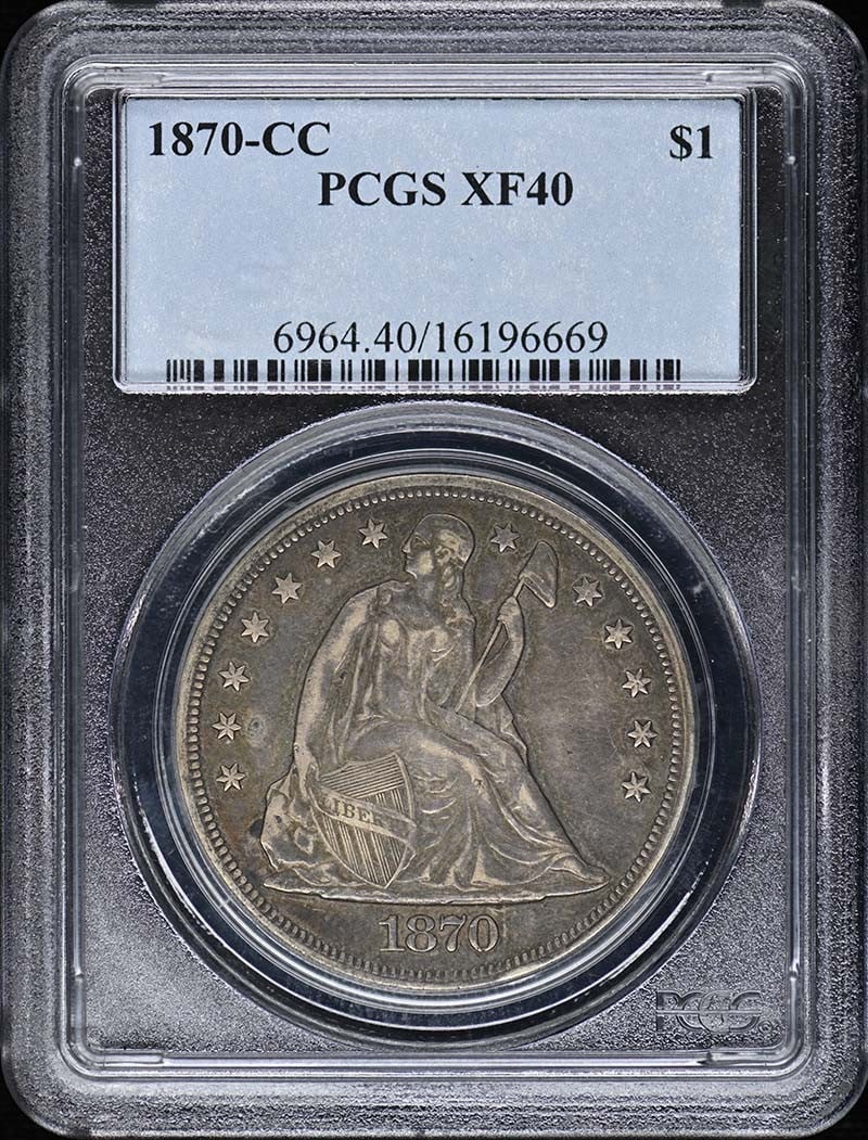 $1 Liberty Seated Dollar PCGS XF40 1870-CC: $1 Liberty Seated Dollar PCGS XF40 1870-CC A rare and highly sought-after 1870-CC Liberty Seated Dollar, graded XF40 by the esteemed PCGS, is up for auction. This circulated coin boasts a rich history