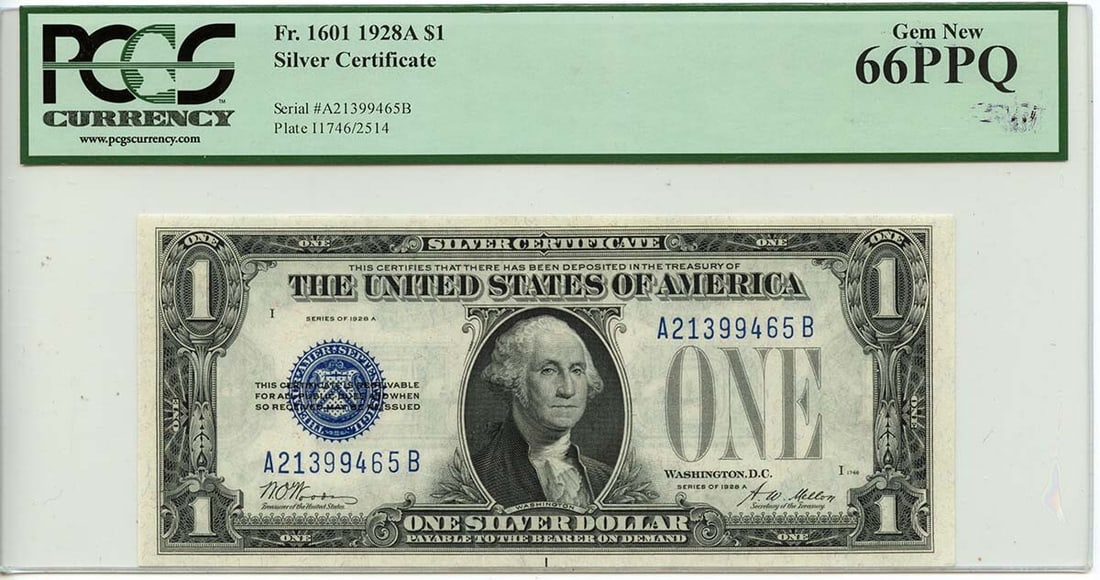 1928A $1 Silver Certificate Blue Woods Mellon Fr# 1601 PCGS GEM 66 EPQ (1 of 1)
