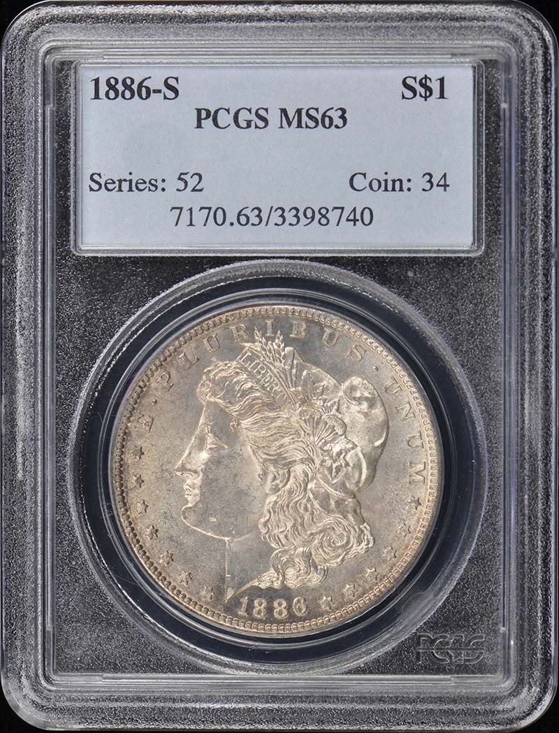 1886-S $1 Morgan Dollar PCGS MS63: 1886-S $1 Morgan Dollar PCGS MS63 A rare and highly sought-after 1886-S Morgan Dollar, graded MS63 by PCGS, is up for auction. This uncirculated coin boasts the iconic design of Augustus Saint-Gaudens