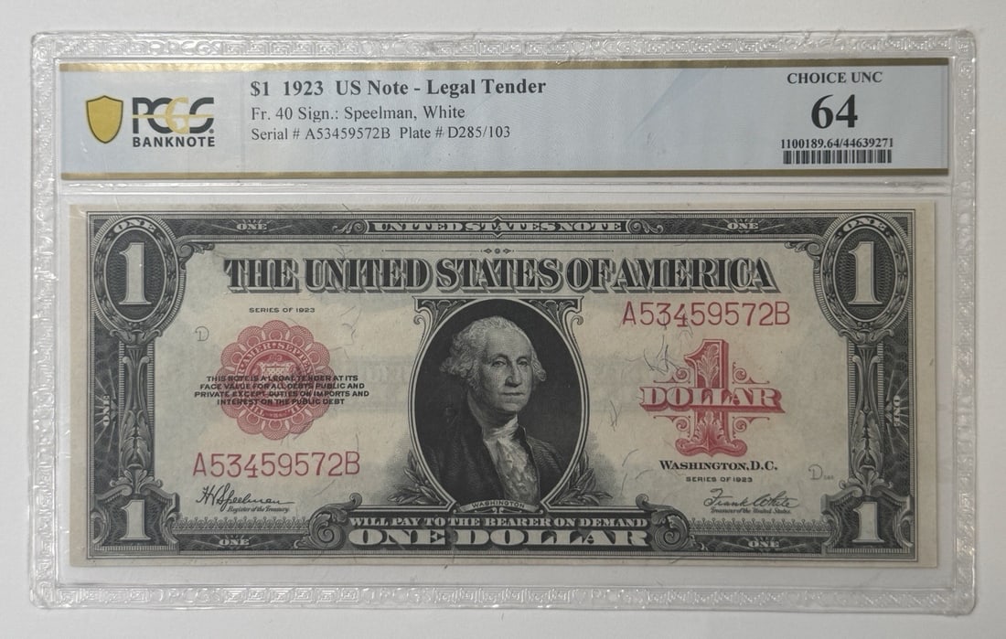 1923 $1 LEGAL TENDER US NOTE RED SEAL FR#40 PCGS 64 (1 of 2)