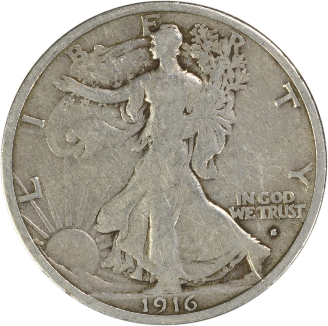 Walking Liberty Silver Half Dollar F 1916-S: Walking Liberty Silver Half Dollar F 1916-S A rare and beautiful 1916-S Walking Liberty Silver Half Dollar, certified as circulated with an F grade, boasts stunning design elements from renowned sculp