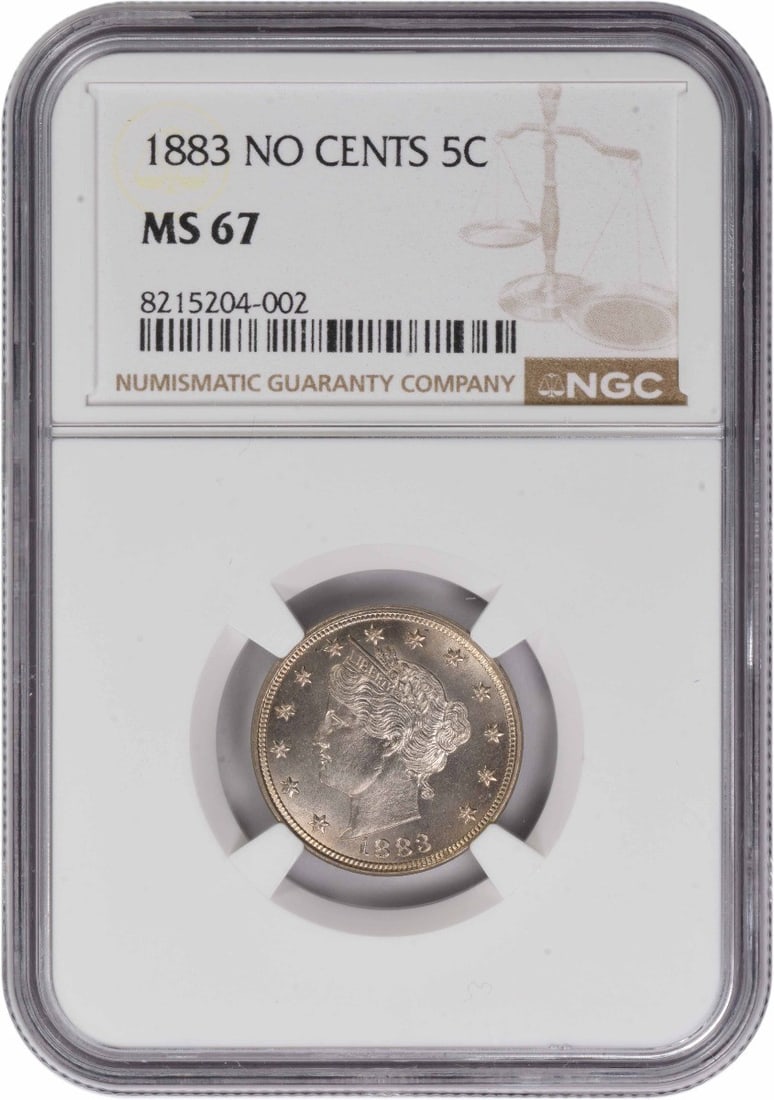 1883 Liberty Nickel No Cents MS67 NGC: 1883 Liberty Nickel No Cents MS67 NGC Experience the majesty of American numismatics with this stunning 1883 Liberty Nickel, certified MS67 by the Numismatic Guaranty Corporation (NGC). With its rich 