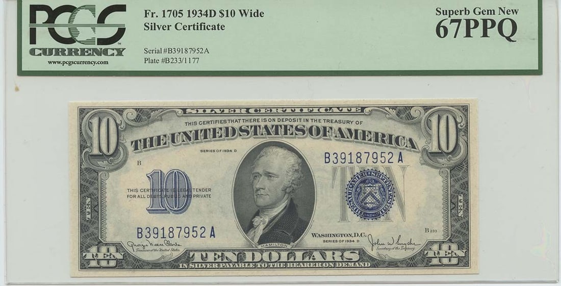 1934D $10 Silver Cert FR#1705 PCGS 67 PPQ Superb Gem New Wide (1 of 1)