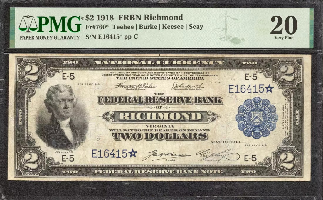 1918 $2 FEDERAL RESERVE BANKNOTE CURRENCY RICHMOND VIRGINIA PMG 20 VF (415*): 1918 $2 FEDERAL RESERVE BANKNOTE CURRENCY RICHMOND VIRGINIA PMG 20 VF (415*) A rare and historic $2 Federal Reserve note from 1918, graded PMG 20 by the leading authority on currency, this Richmond, V