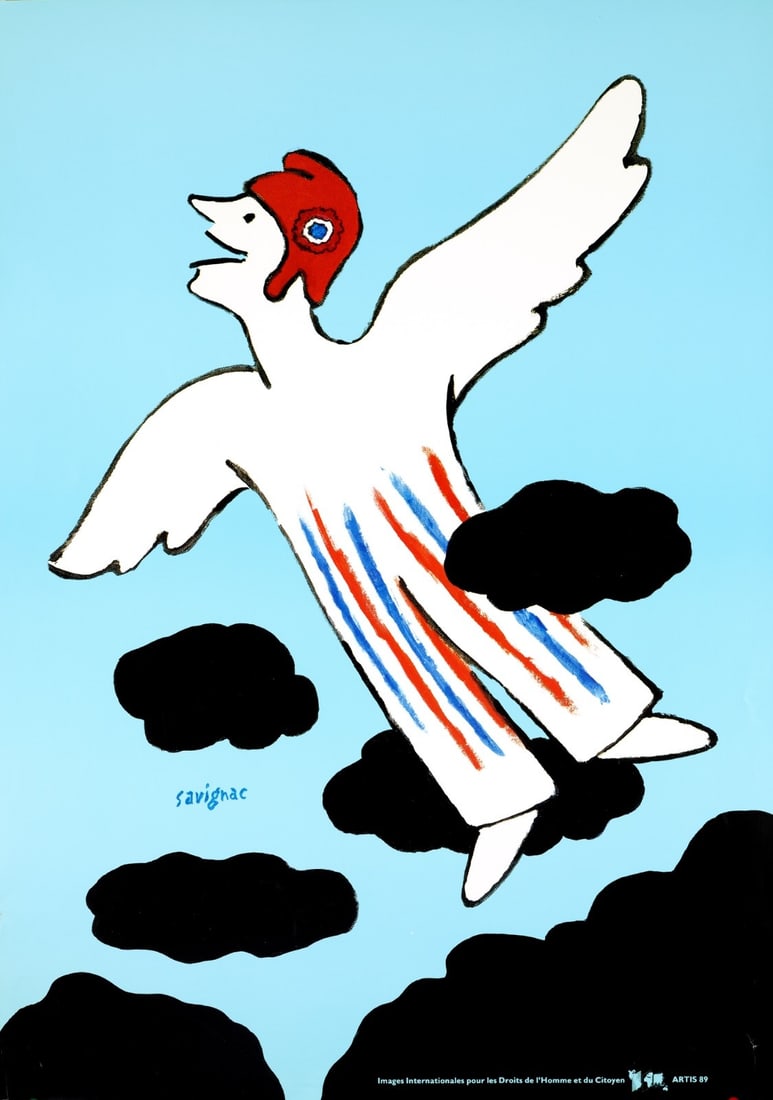 Raymond Savignac Human Rights Poster Artis 89 Droits 1989 Poster: Raymond Savignac Human Rights Poster Artis 89 Droits 1989 Poster A rare and iconic poster from French artist Raymond Savignac, "Droits de l'Homme" (Rights of Man), created in 1989, is up for auction.