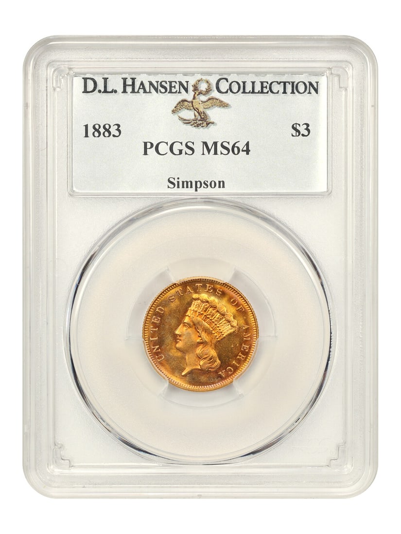 1883 $3 PCGS MS64 ex: D.L. Hansen/ Simpson: 1883 $3 PCGS MS64 ex: D.L. Hansen/ Simpson A stunning example of American numismatics, this 1883 $3 gold coin boasts an impressive PCGS MS64 grade, one of the finest circulated examples of its kind.