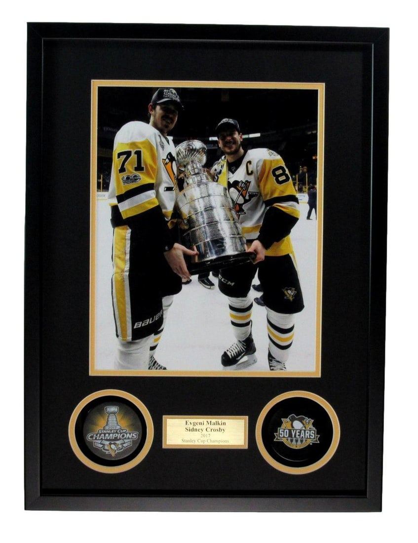 Sidney Crosby/ E Malkin Shadow Box Photo with 2017 Stanley Cup Pucks Framed 5889 (1 of 3)
