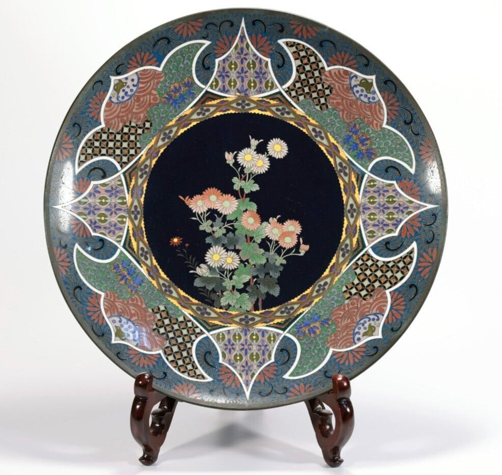 Japanese Antique Meiji Cloisonne Large Plate Chrysanthemum Flower Signed 12.2in (1 of 4)