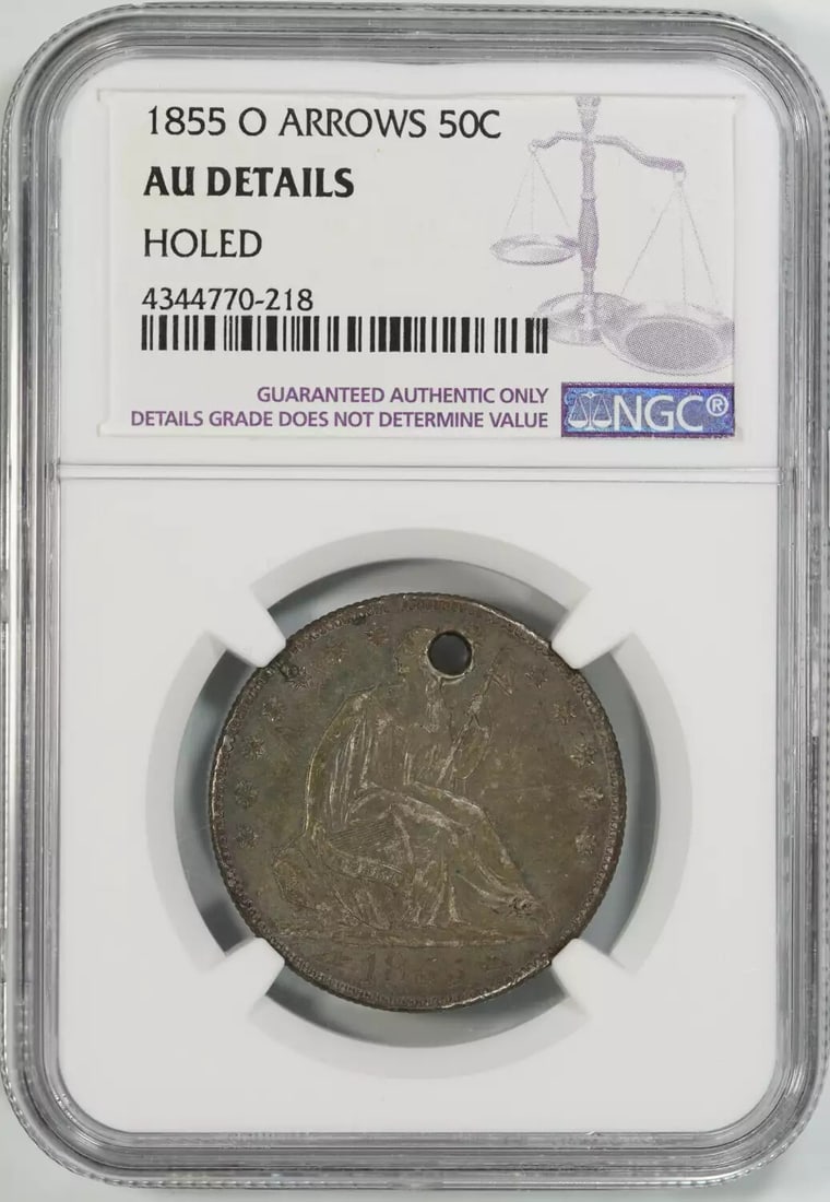 1855 O SEATED LIBERTY HALF DOLLAR 50C ARROWS NGC AU ABOUT UNC DETAILS (218): 1855 O SEATED LIBERTY HALF DOLLAR 50C ARROWS NGC AU ABOUT UNC DETAILS (218) Experience the charm of the 1855 O Seated Liberty Half Dollar, a rare and highly sought-after coin from the early days of
