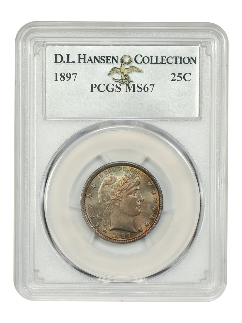 1897 25C PCGS MS67: 1897 25C PCGS MS67 Experience the beauty of the 1897 Barber Quarter, graded MS67 by PCGS, one of the finest circulated coins in existence. This stunning example boasts exceptional strike and luster, s