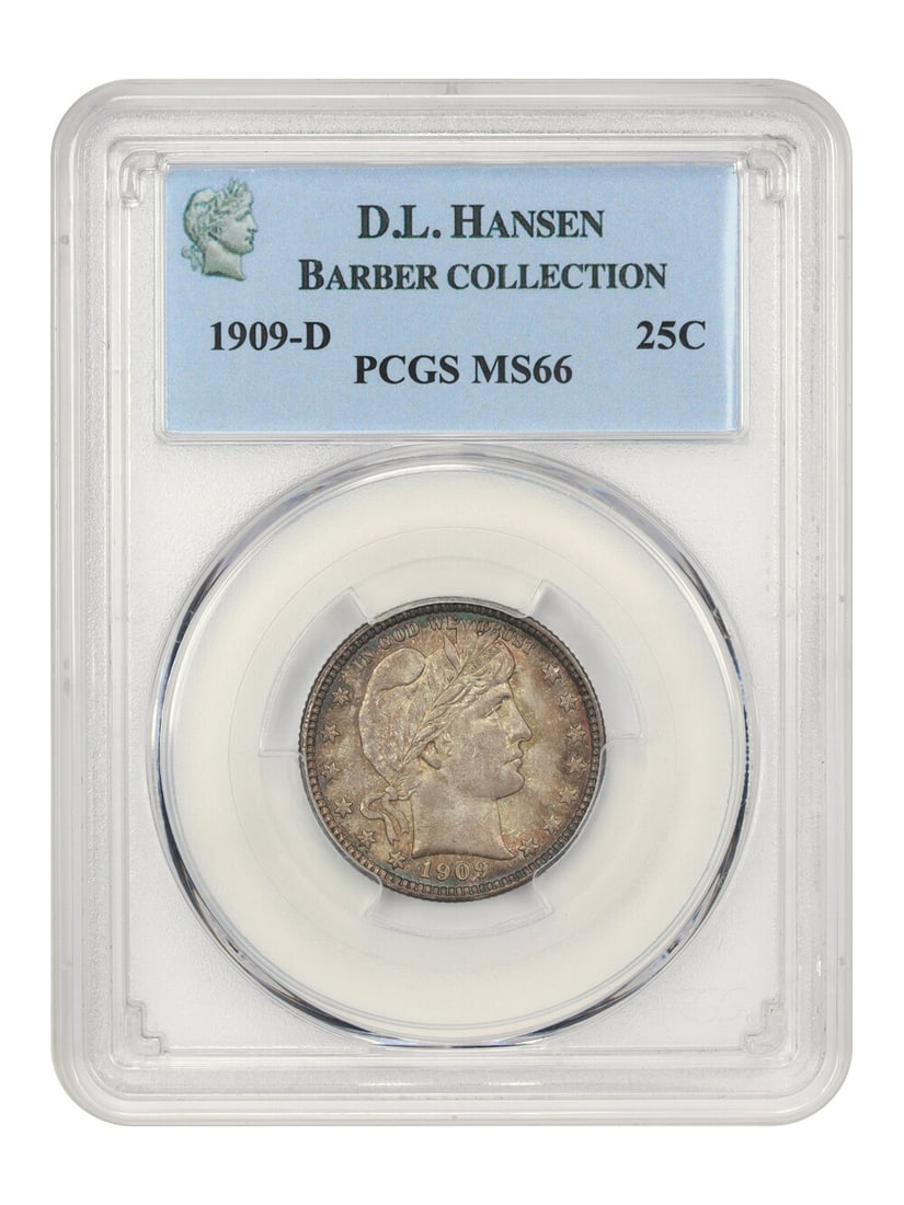 1909-D 25c PCGS MS66 ex: D.L. Hansen: 1909-D 25c PCGS MS66 ex: D.L. Hansen Experience the beauty of the 1909-D Barber Quarter, certified by PCGS as MS66. This stunning coin boasts exceptional strike and luster, making it a true gem among 