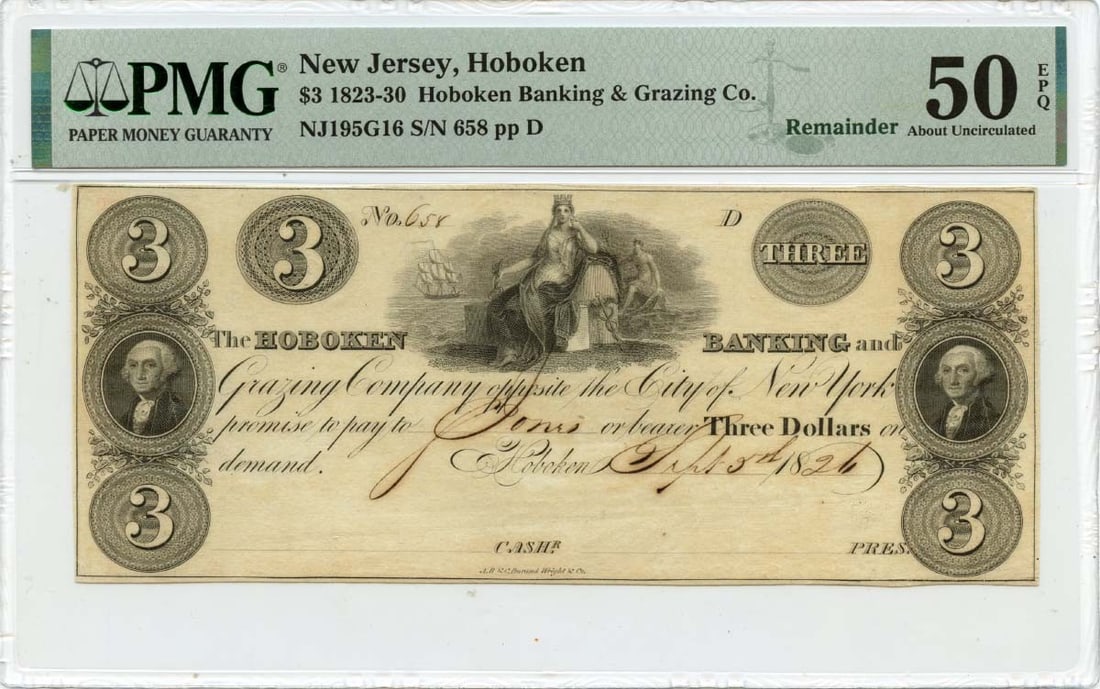 1826 $3 Hoboken, New Jersey Obsolete Note Hoboken Banking & Grazing PMG AU50 EPQ (1 of 1)