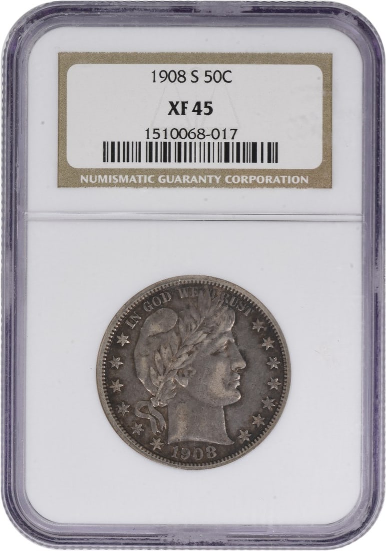1908-S Barber Silver Half Dollar EF45 NGC: 1908-S Barber Silver Half Dollar EF45 NGC Experience the beauty of the 1908-S Barber Silver Half Dollar, a stunning coin from the early days of American numismatics. With its rich silver composition