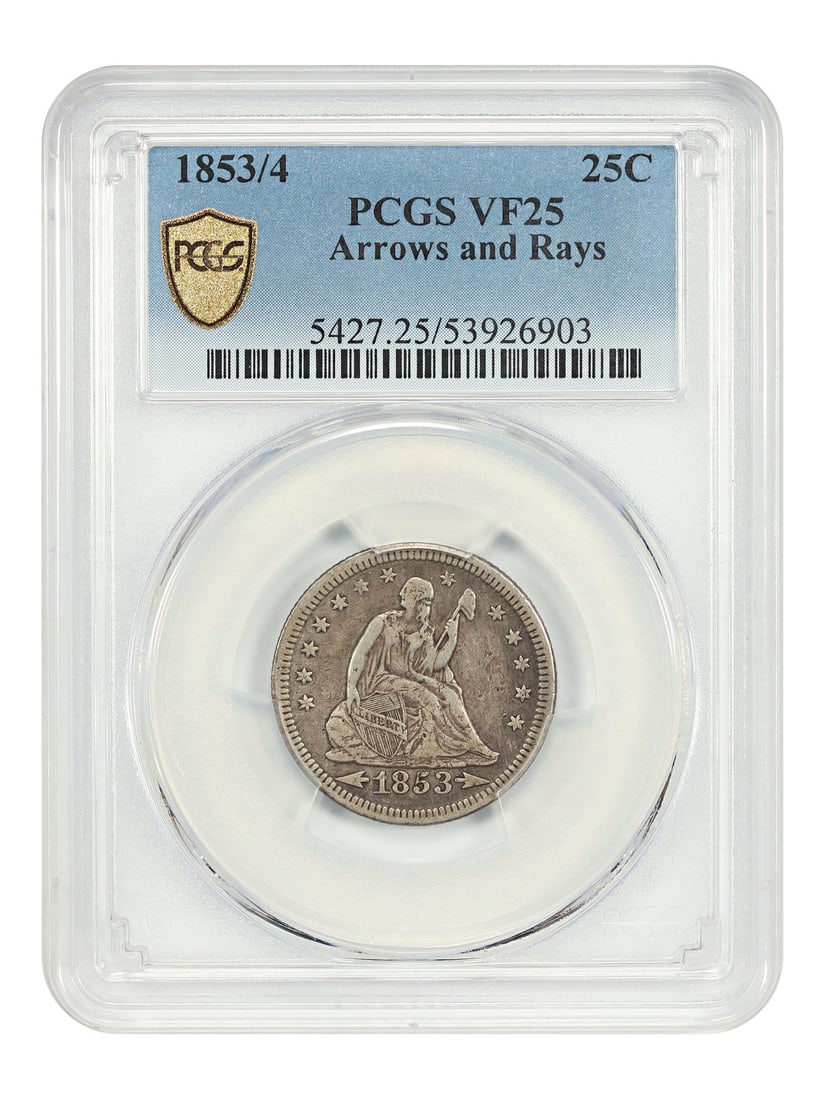 1853/ 4 25C PCGS VF25 (Arrows and Rays) - Liberty Seated Quarter: 1853/ 4 25C PCGS VF25 (Arrows and Rays) - Liberty Seated Quarter Experience the charm of America's early coinage with this 1853/4 Liberty Seated Quarter, certified by PCGS as VF25. Featuring iconic