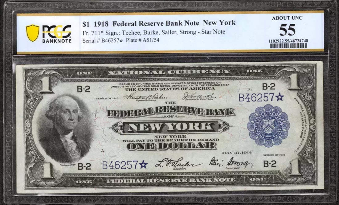 1918 $1 FEDERAL RESERVE BANKNOTE CURRENCY NY NEW YORK PCGS AU 55 STAR NOTE (257* (1 of 2)