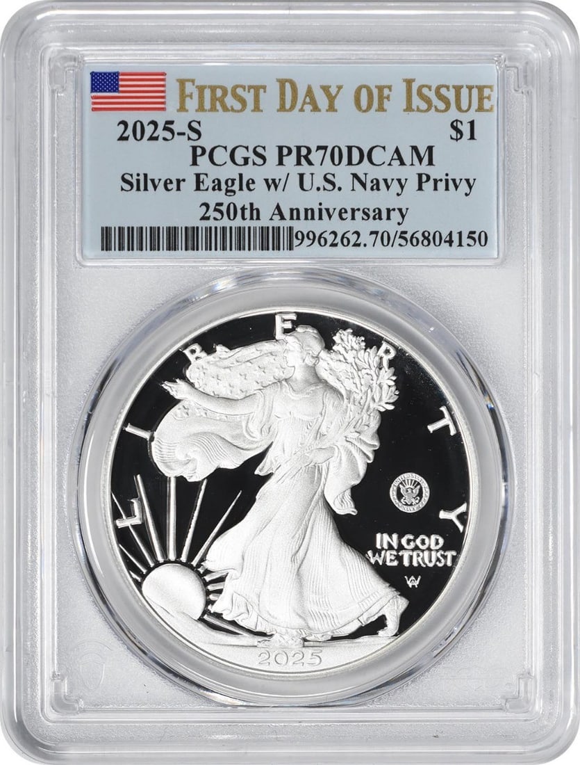2025-S American Silver Eagle US Navy Privy 250th Anniversary PR70DCAM FDOI PCGS (1 of 1)