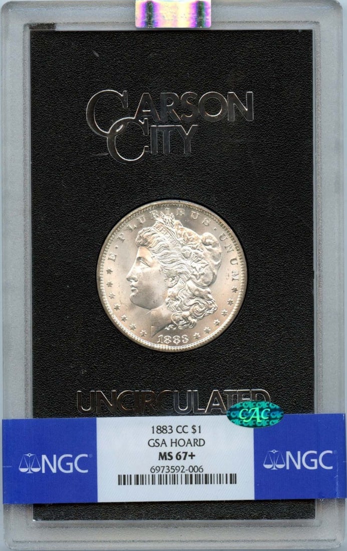 1883-CC Morgan Dollar GSA HOARD S$1 NGC MS67+ (CAC): 1883-CC Morgan Dollar GSA HOARD S$1 NGC MS67+ (CAC) Experience the majesty of the 1883-CC Morgan Dollar, one of the most iconic coins in American numismatics. Graded MS67+ by NGC and certified by