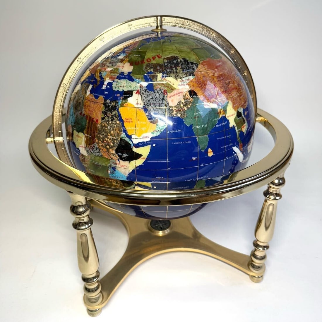 Gemstone Globe Lapis Lazuli Turquoise Inlay Compass Four Legs Power Stone 43cm (1 of 10)