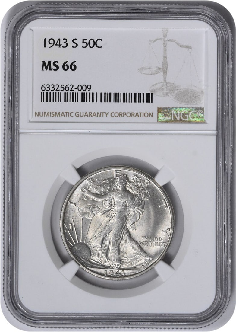 Walking Liberty Silver Half Dollar MS66 from 1943-S: Walking Liberty Silver Half Dollar MS66 from 1943-S Experience the iconic Walking Liberty design, crafted by renowned artist Adolph Alexander Weinman, on this stunning 1943-S San Francisco Mint Silver