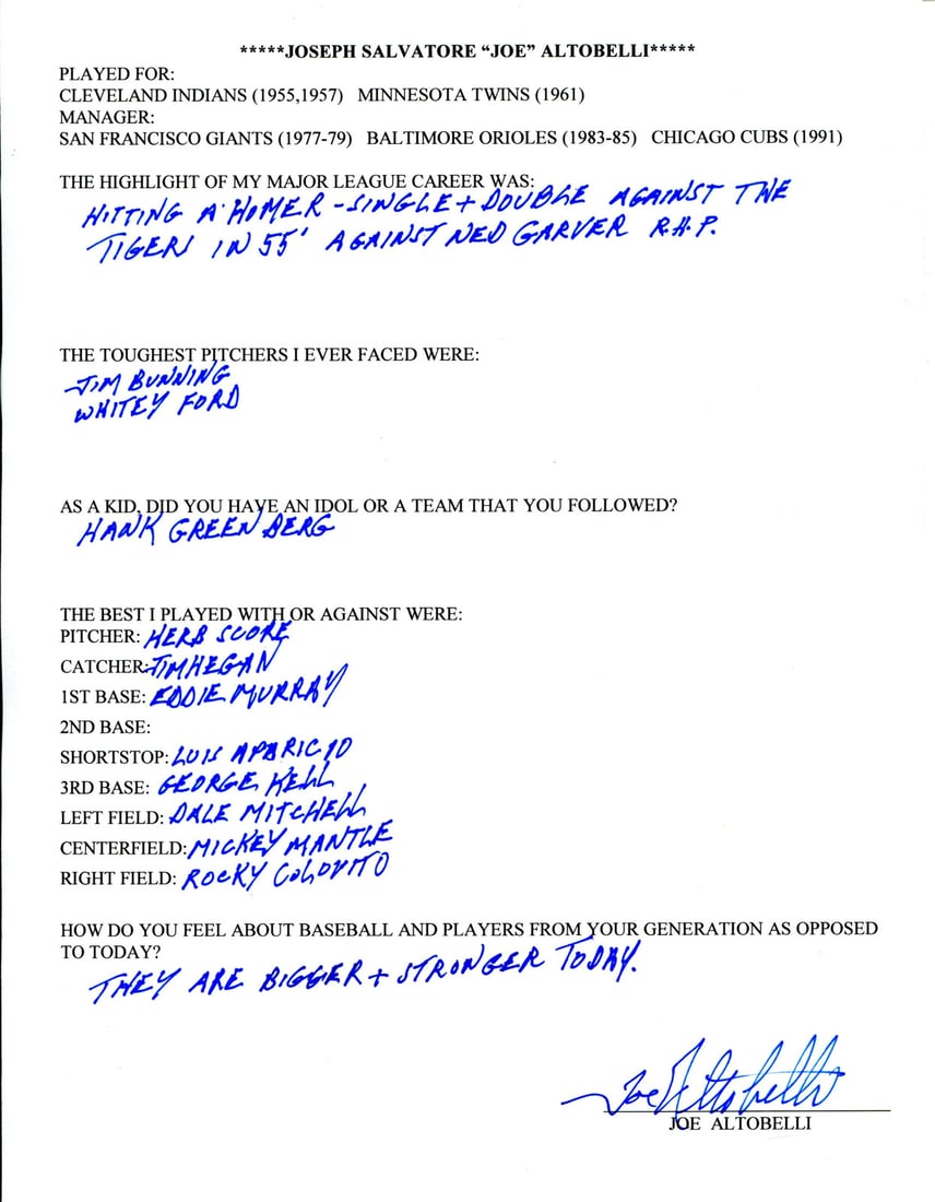 Joe Altobelli Autographed Hand Filled Out Survey Page (JSA) (1 of 2)