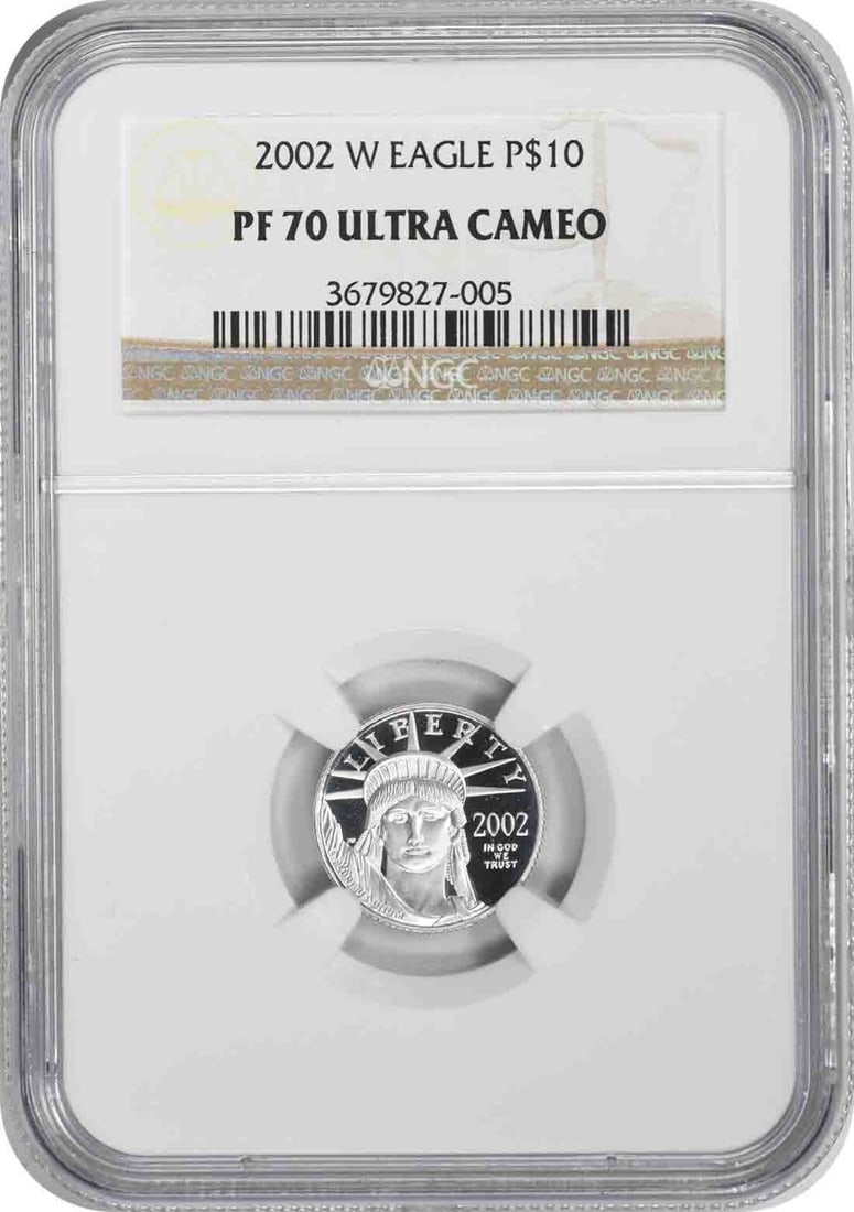 2002-W $10 American Platinum Eagle PR70UCAM NGC: 2002-W $10 American Platinum Eagle PR70UCAM NGC The 2002-W $10 American Platinum Eagle is a rare and highly sought-after coin, certified by the Numismatic Guaranty Corporation (NGC) as PR70UCAM, indic