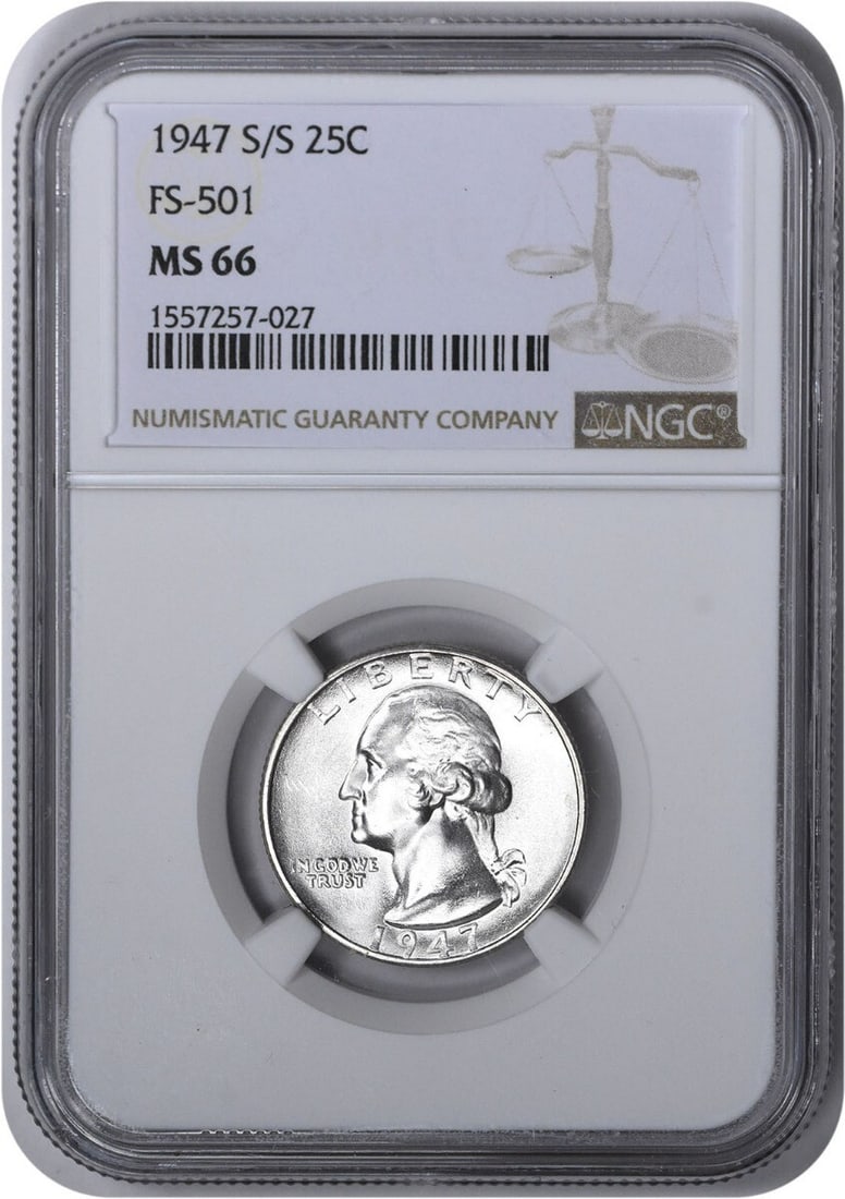 1947-S/ S Washington Quarter FS-501 MS66 NGC: 1947-S/ S Washington Quarter FS-501 MS66 NGC Experience the iconic design of John Flanagan's 1947-S Washington Quarter, certified MS66 by the Numismatic Guaranty Corporation (NGC). With its striking