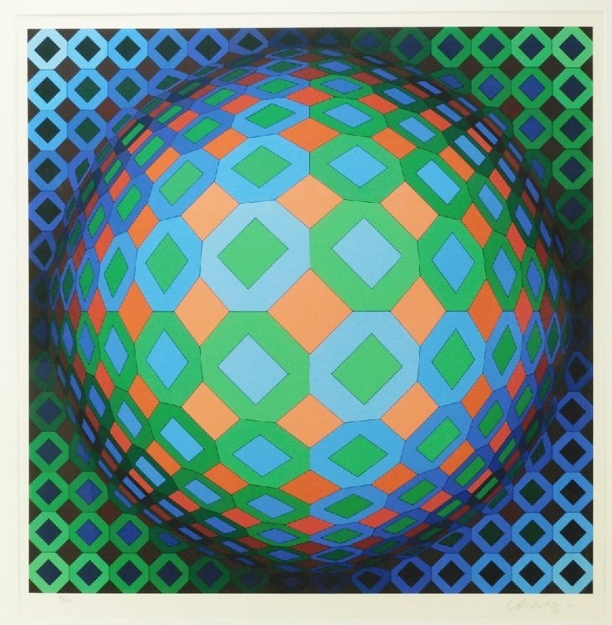 No Frame Victor Vasarely Vega Cor Signed Framed Optical Art Signed Sheet Only: No Frame Victor Vasarely Vega Cor Signed Framed Optical Art Signed Sheet Only Experience the vibrant colors and mesmerizing patterns of Victor Vasarely's iconic optical art, Vega Cor, in this