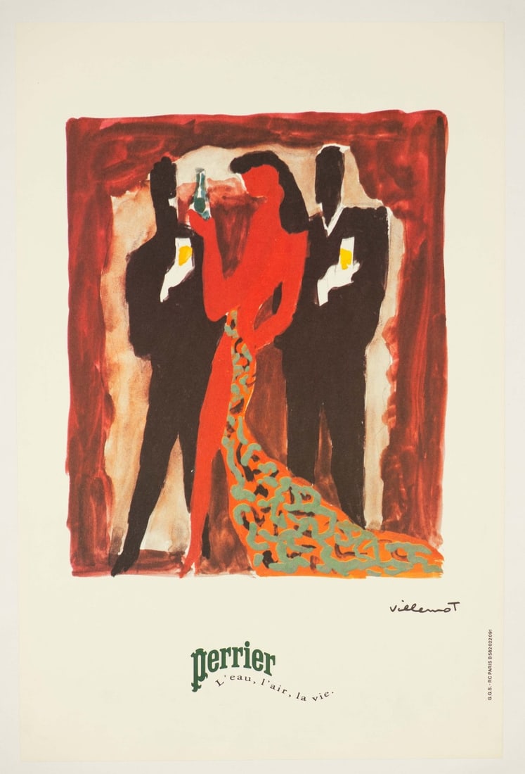 Perrier Femme Au Bar By Bernard Villemot 1980 Vintage Poster On Linen: Perrier Femme Au Bar By Bernard Villemot 1980 Vintage Poster On Linen A rare and iconic vintage poster from 1980, Perrier Femme Au Bar by Bernard Villemot is a stunning representation of French design
