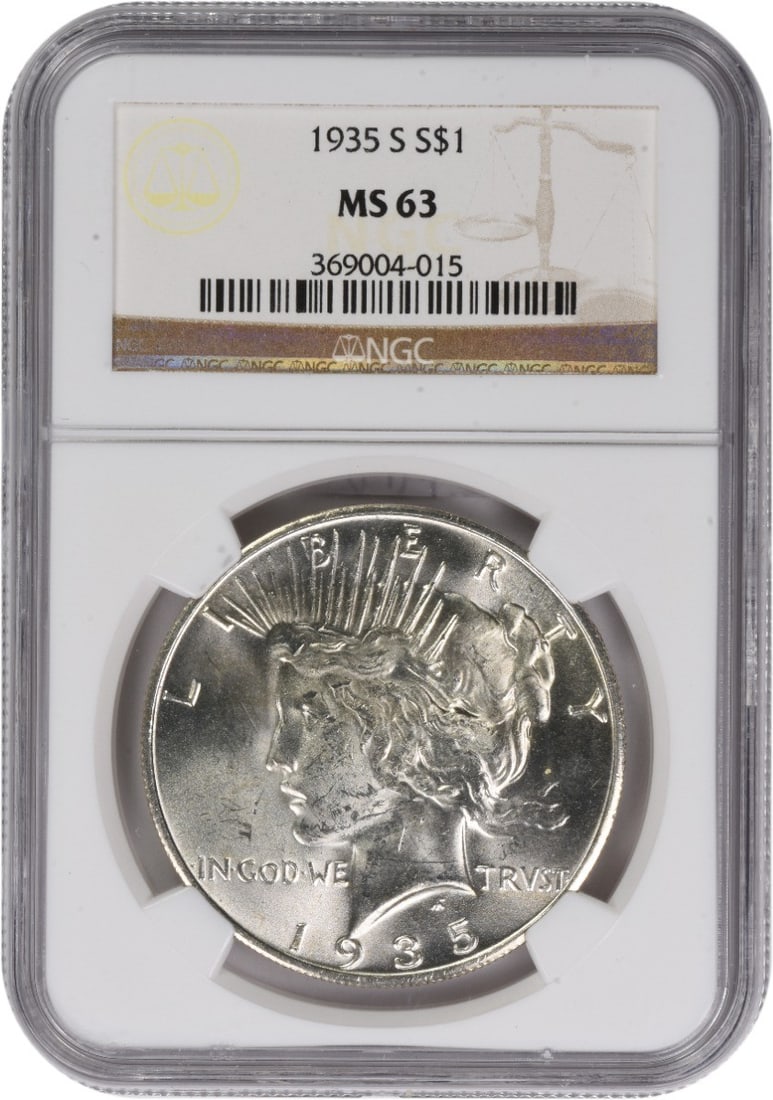 MS63 1935-S Peace Silver Dollar: MS63 1935-S Peace Silver Dollar A rare and highly sought-after 1935-S Peace Silver Dollar, graded MS63 by the NGC, offers a unique opportunity to own a piece of American numismatic history. With its s