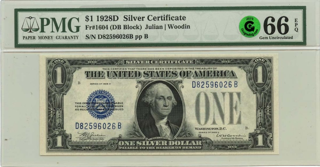 1928D $1 Silver Certificate FR#1604 PMG 66 EPQ Gem Unc GCC Green (1 of 2)