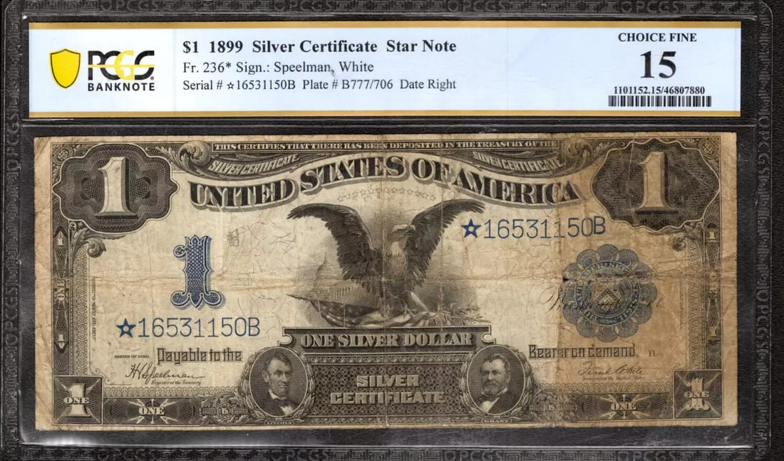 1899 $1 SILVER CERTIFICATE STAR NOTE FR.236* BLACK EAGLE PCGS 15 CH FINE (150B) (1 of 2)