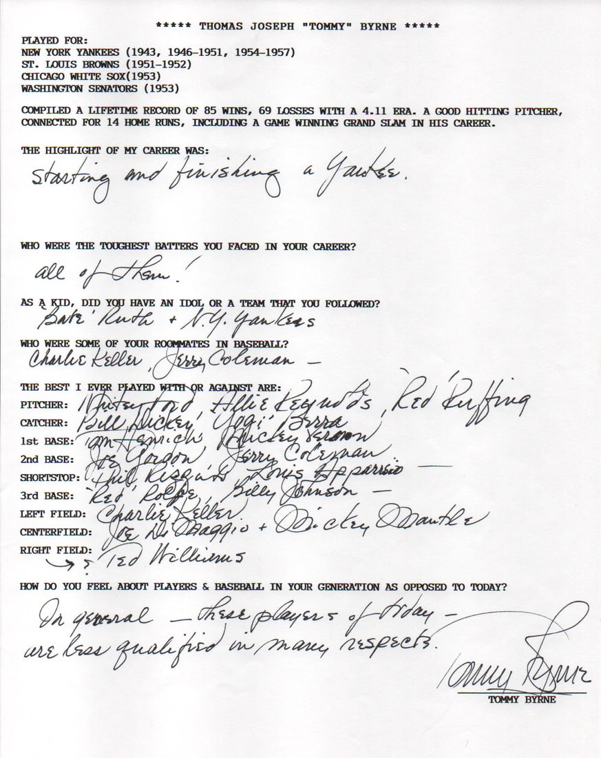 Tommy Byrne Autographed Hand Filled Out Survey Page (JSA) (1 of 2)