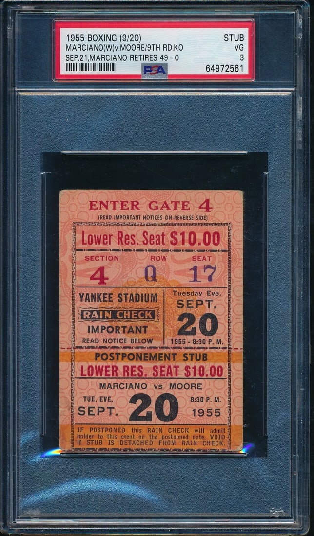 Rocky Marciano 1955 Yankee Stadium Last Fight Ticket Stub Moore PSA 188180 (1 of 2)