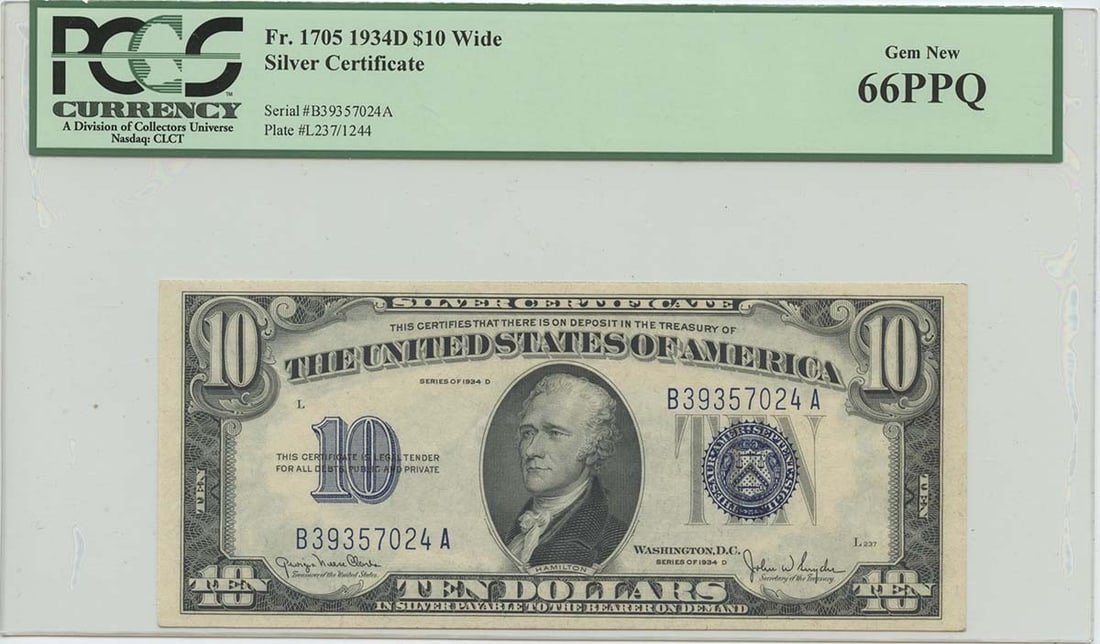 1934D $10 Silver Certificate FR#1705 PCGS 66PPQ Gem Wide (1 of 1)